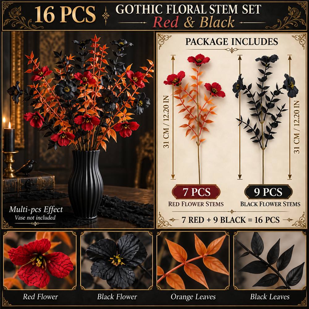 TEMU Ensemble de 16 pièces de branches bordeaux orange marron avec fleurs artificielles noires, décoration de bouquet artificiel de style gothique