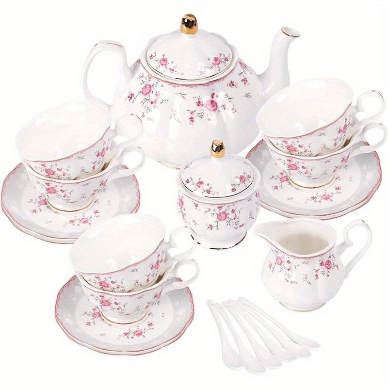 vintage floral tea set for women - elegant   & white porcelain tea party set with teapot, cups & saucers, spoons - wedding, bridal shower, tea party decorations - durable & easy-clean porcelain for formal or everyday use - ideal gift for  , wedding tableware,  ,  ,  , cups and saucers, home  , bridal party Product details 0