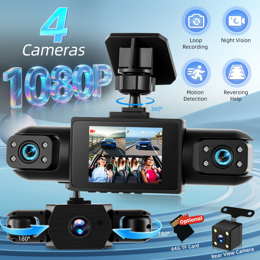 TEMU 4-channel 360&deg; Car Dash Cam | Front/ Rear/ Inside/ Left/ Right Coverage, Built-in Night Vision, 24/ 7 Parking Mode With Motion Detection, Reversing Assist