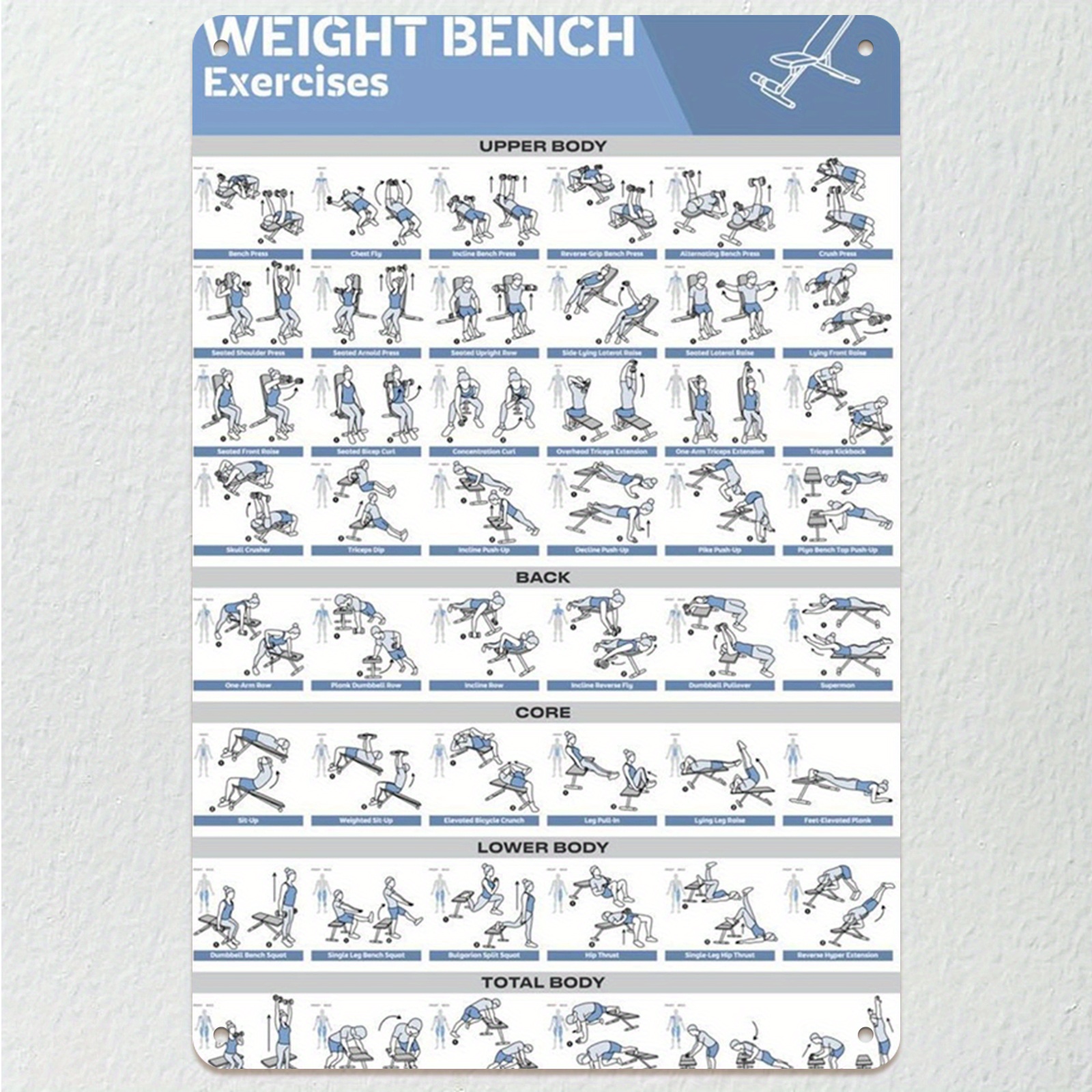 TEMU 1pc Heavy-duty Iron Workout Chart Poster - Retro Wall-mounted Suitable For Home Gym & , Upper/lower/total Chart With Weight Bench Exercises,