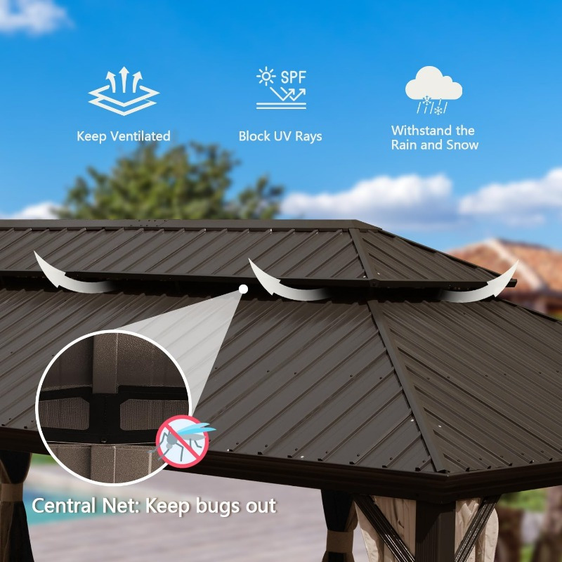 14x24FT Brown Metal Gazebo for Patio Garden Deck, Aluminum Frame with Galvanized Steel Double Roof, Built-in Gutter System, Includes Curtain and Netting, Durable Outdoor Pavilion Shelter.