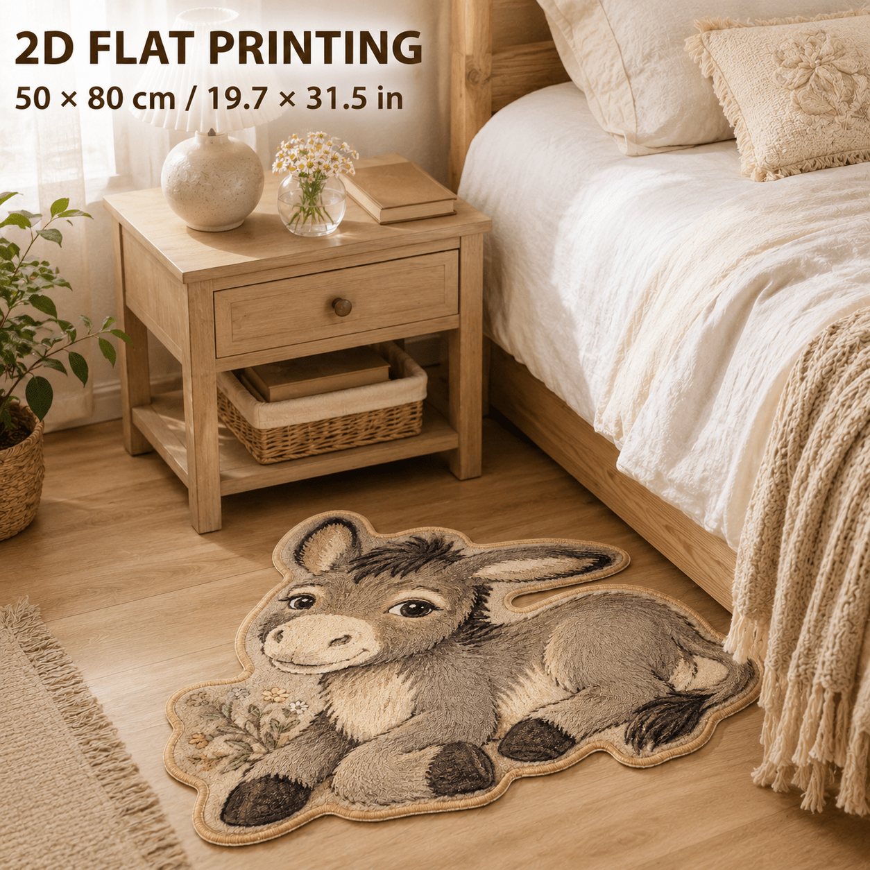TEMU 2d Flat, Bath Rug Bathroom Rug, 1pc 2d Flat Printing 850 Gsm Non Slip Mat, Velvet Surface Dot Plastic Backing, Cute Donkey Lying Floral Animal