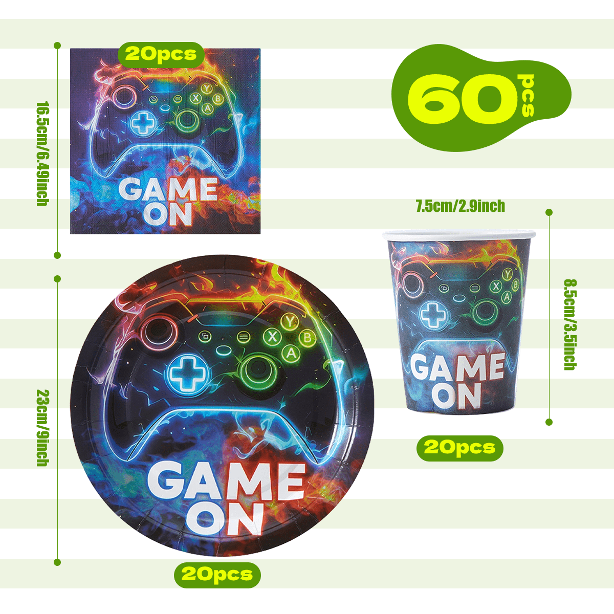 TEMU 60-delige set Controller thema feestborden en bekers (20 stuks 9-inch borden stuks bekers stuks servetten), kleurrijk neon game print ontwerp,