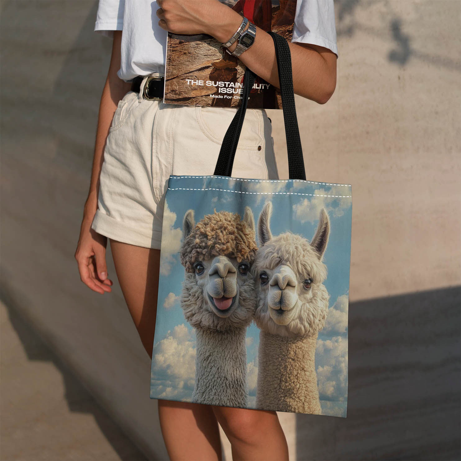TEMU 1pc Cute Double Alpaca Rolled Soft Adorable Style {2d Flat Printing} Printed Tote Bag - Lightweight, Foldable Shoulder Bag, Suitable For Holiday