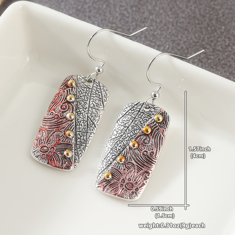 Ethnic Rectangular Three-Color Carved Flowers Dangle Earrings