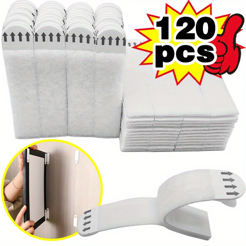 TEMU 120pcs Bandes de Suspension Robustes en Nylon pour Cadres Photo – Crochets Magiques Amovibles Double Face Perçage, Anneaux de Montage Adhésifs