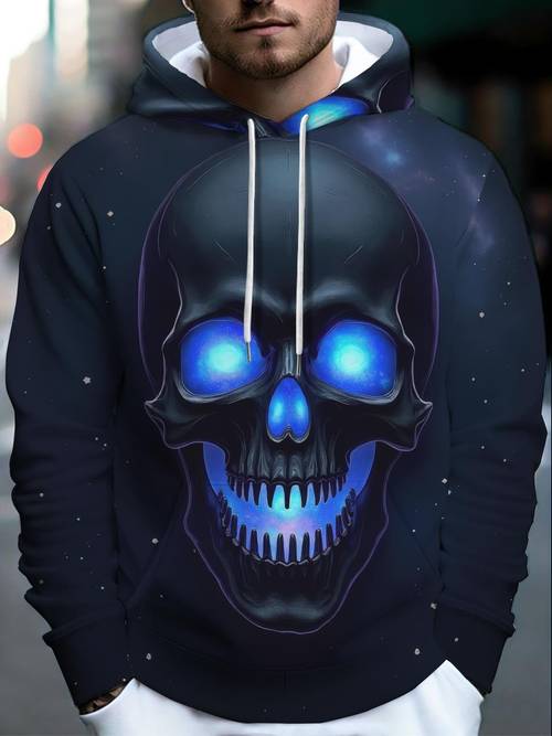 printed design not textured mens fashion casual long sleeve hoodie with drawstring kangaroo pocket blending sporty leisure and streetwear trends offering a cool stylish and comfortable look high quality fashion print featuring a cool skull