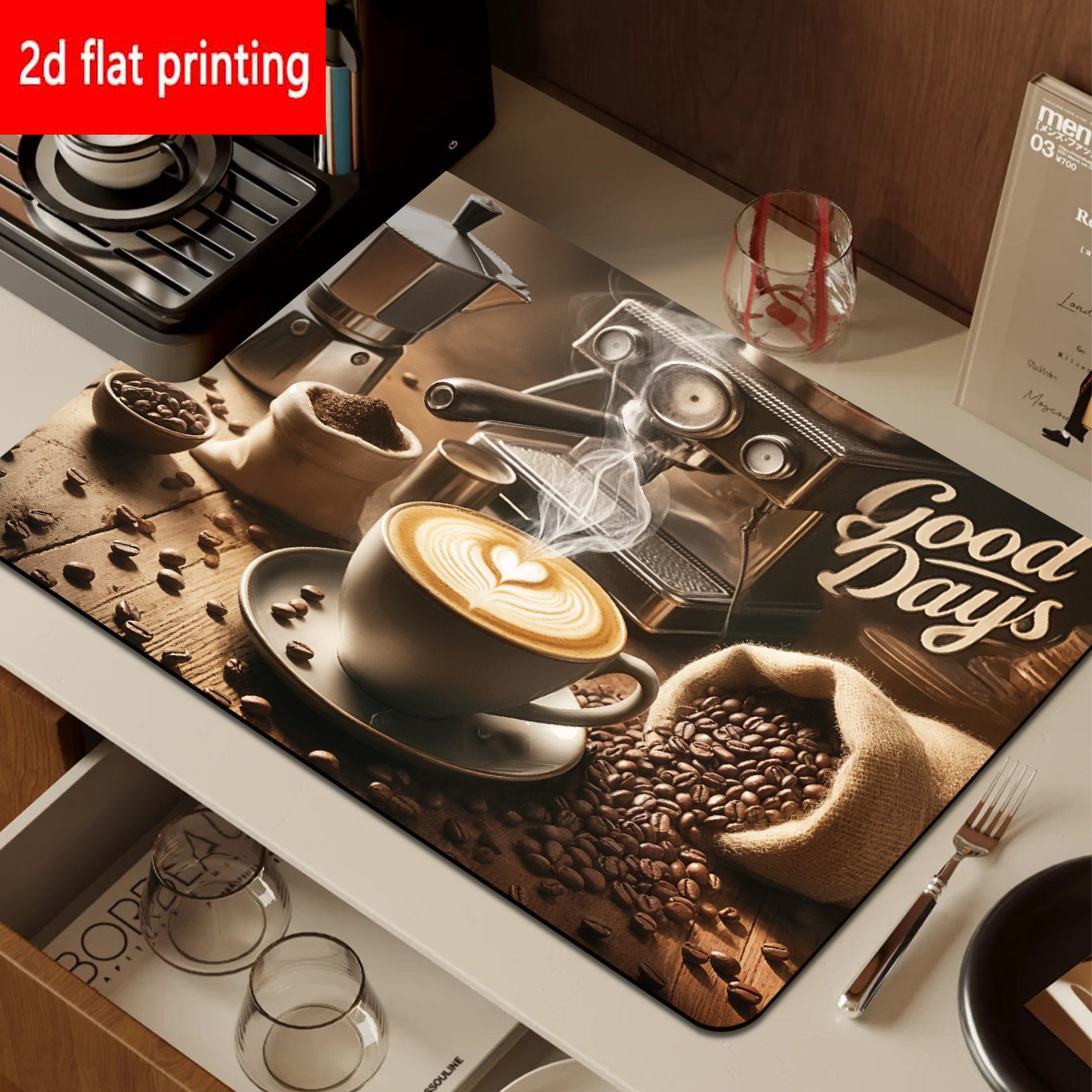 TEMU 2d Flat Printing, 1pc, Coffee-themed Absorbent Placemats, Dark Brown Tone, Printed With Coffee Beans, Coffee Makers, Coffee, And Other Coffee