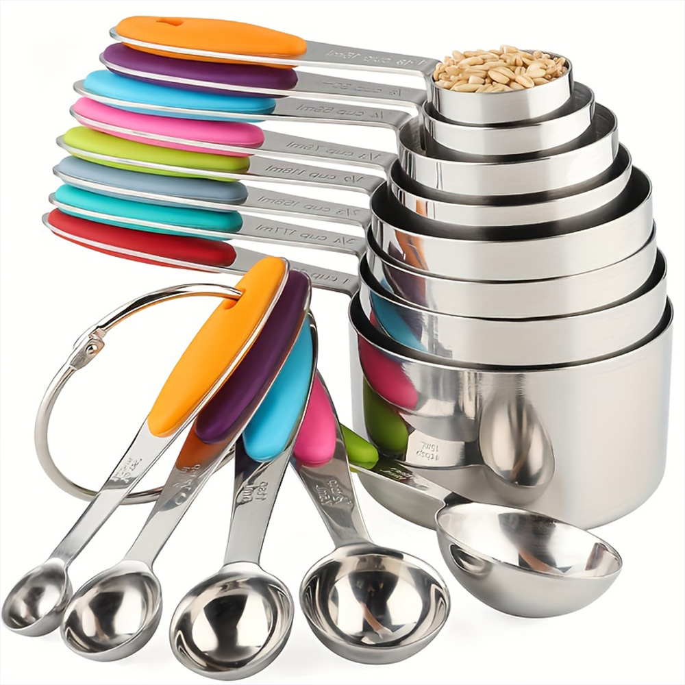 TEMU 5pcs Stainless Steel Measuring Spoons Set With Non-slip Silicone Handle, Space-saving Kitchen Tools For Cooking & Baking, Ideal For Holiday &