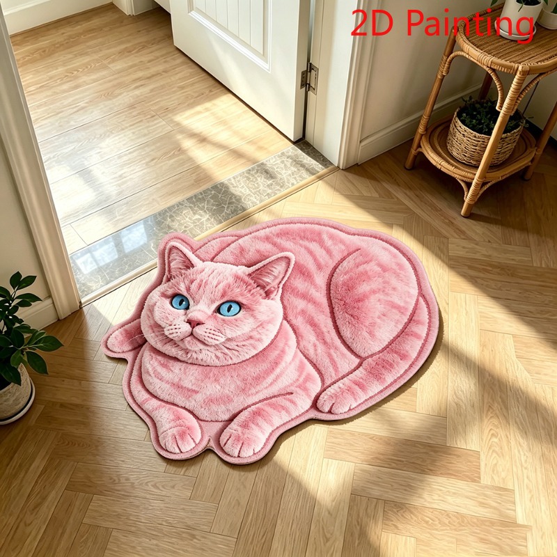 TEMU Luxury Thick Pile Pink Cat Rug Suitable For Bathroom, Kitchen, Bedroom - Irregular-shaped Anti-slip With Simulated Tabby Kitten Design, Machine