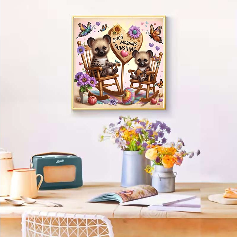 Beginner Printed Cross Stitch Kit, Cute Hyena Cub Good Morning Sunshine