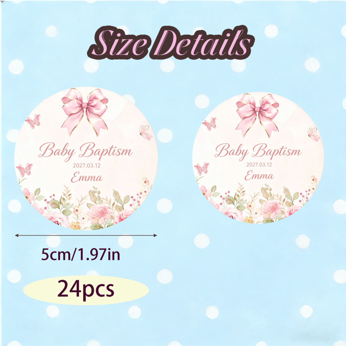 TEMU 24pcs/48pcs Personalized Custom Stickers Round Pink Floral For Baby Baptism Party Decorations Wedding Favors Gift Tags Birthday Events