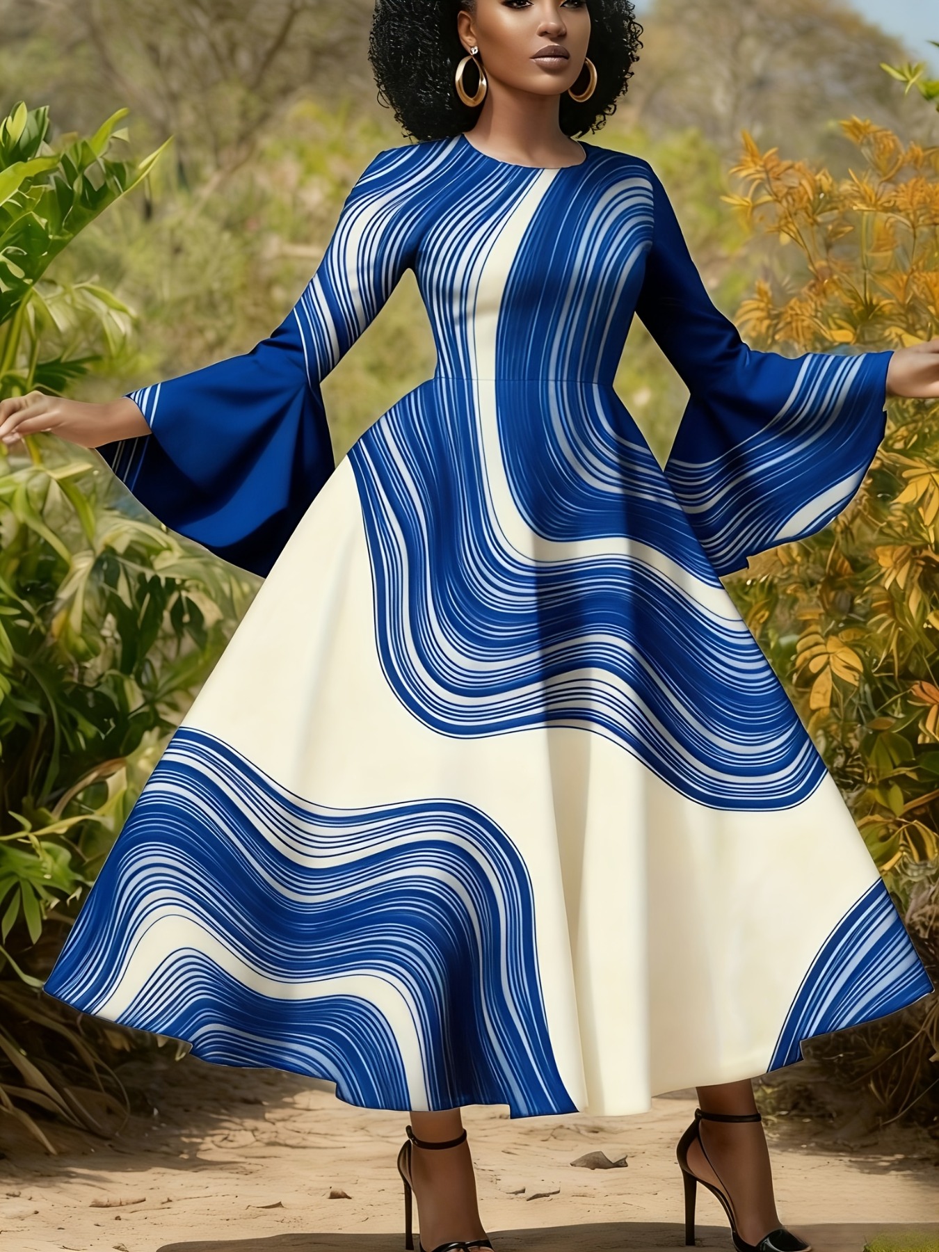 Plus Size, Large Size Women's Dress with Round Neck and Flared Sleeves,  Fashionable Dress with Large Swing - Made of Polyester Fiber Material *  Easy to * * * and Autumn, Comfortable Fabric, Machine ...