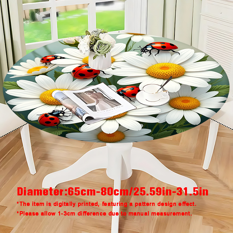 1pc 2d Flat Polyester Stretch Tablecloth With Daisy And Ladybug Design, Featuring Elastic Edges | Suitable For Outdoor And Indoor Use, 2d Flat