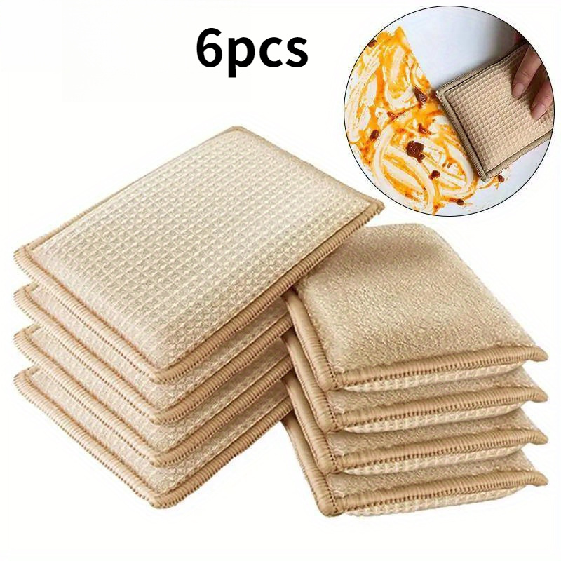 Image of 6pcs Bamboo Fiber Cleaning Sponges - Super Absorbent, Breathable Kitchen Scrubbers For Dishes And Household Cleaning, Beige, Durable And High-quality, Sponges For Washing Dishes
