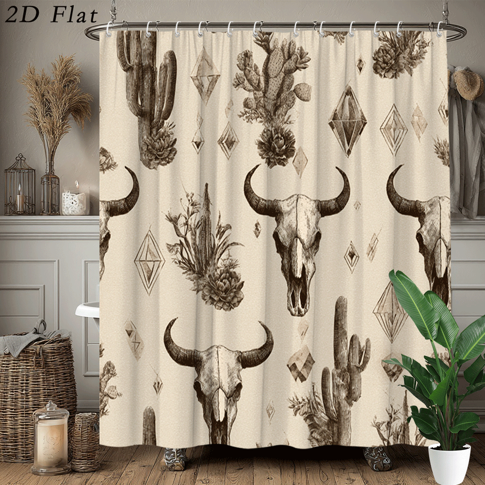 TEMU 2d Flat, 2d Flat, 1pc A 2d Curtain Featuring A Western Theme With A Cactus, Bull , And Gemstone Design, Perfect For Rustic Farmhouse Bathroom