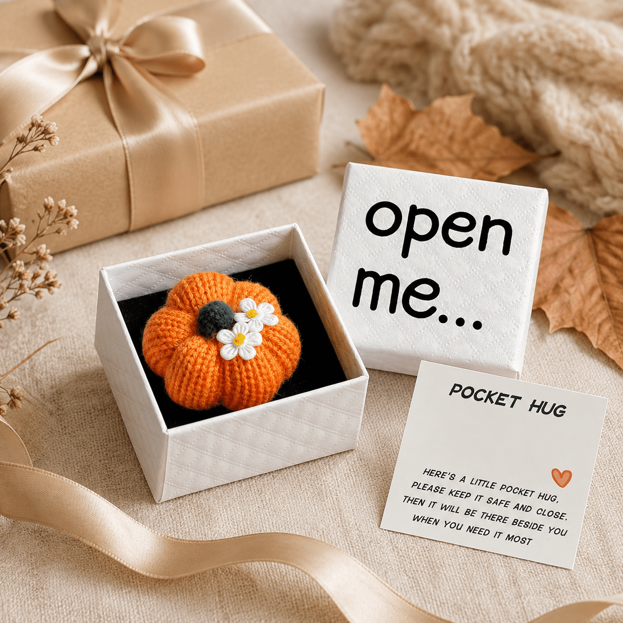 TEMU Mini Pumpkin Pocket Hug Gift With "" Box & Message Card, Cute Handmade Style Fall Keepsake, Thanksgiving Halloween Gift For , Family, Coworkers