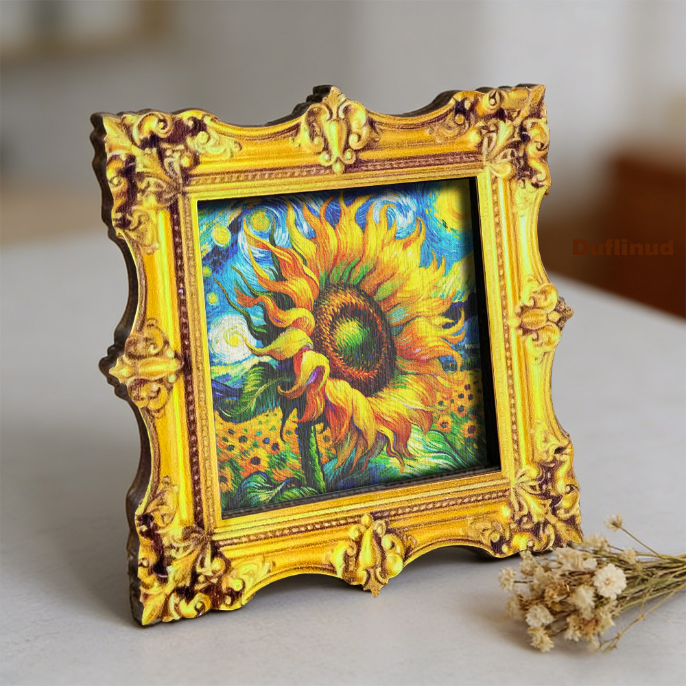 TEMU 1pc Van -style Wooden Sunflower Refrigerator Magnet, Miniature Decorative Painting, Mini Fridge Art. Colored Sunflowers, Wooden Fridge Magnet,