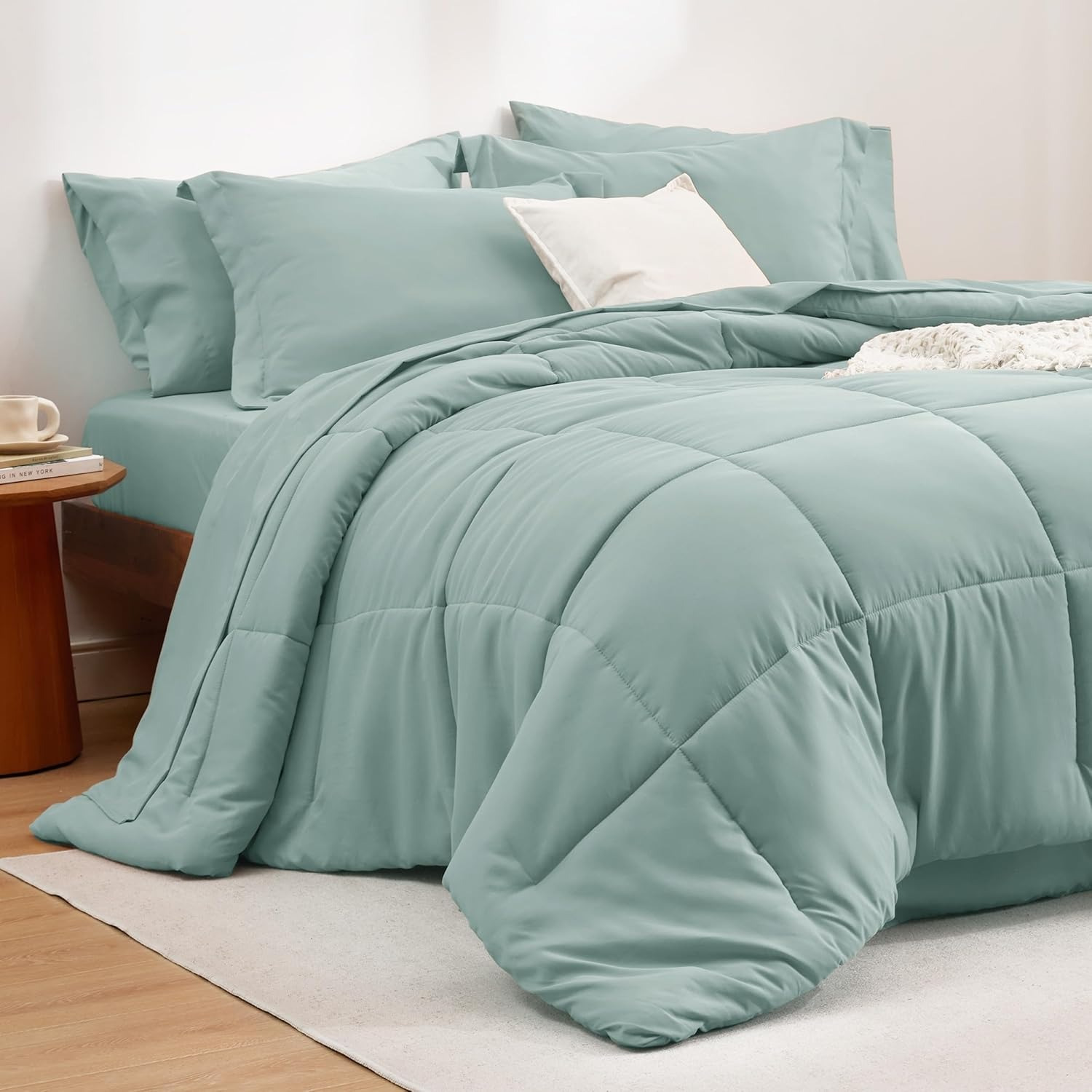 

Bedsure 7pcs Contemporary Comforter Set - Full Size, Machine Washable, Solid Green Polyester Bedding With Sanded Fabric, Includes Comforter, Sheets, Pillowcases & Shams (duvet Insert Not Included)