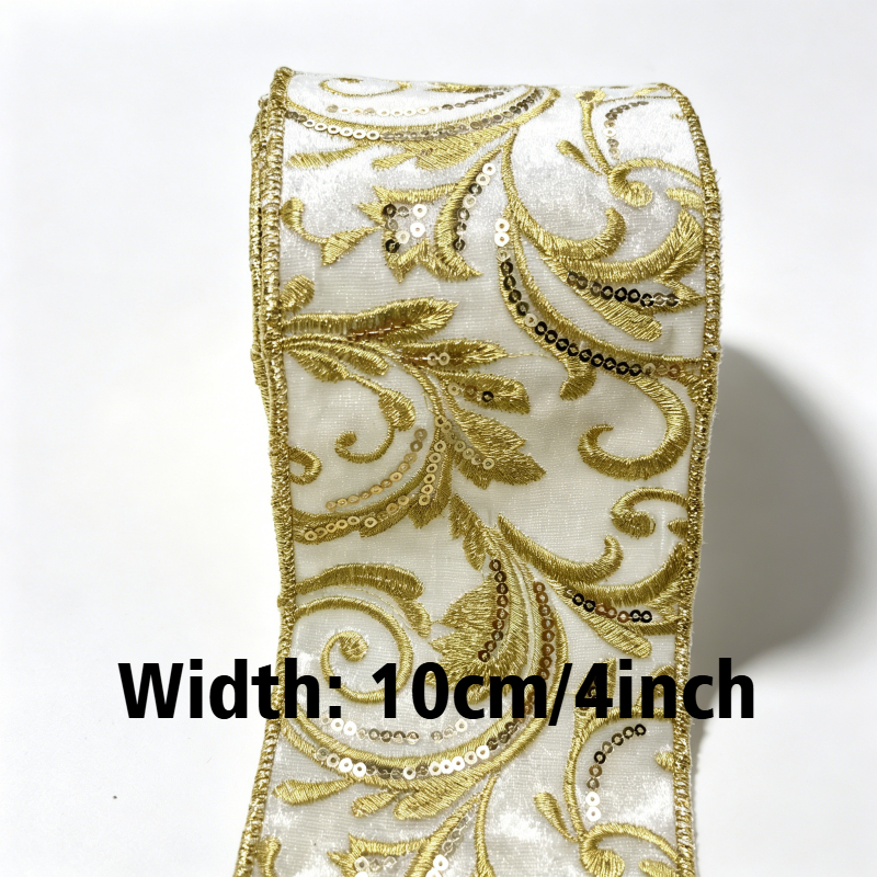 TEMU 4 Inch Ivory And Golden Baroque Embroidered Sequin Wired Ribbon, , Luxury Trim For Christmas, Wedding, New Year, Home Decor And Crafts Halloween