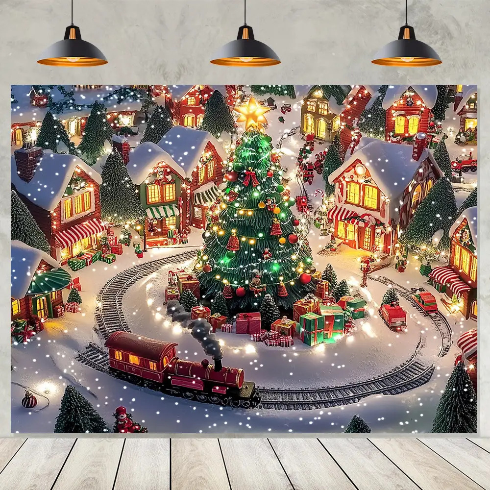 2D Plat, Zelfverlichtend Winterdorp Muurdecoratie met Gloei-effect - Besneeuwde Huizen, Kerstboom, Trein & Locomotief - Geen Elektriciteit Nodig, Eenvoudige Opzet voor Buiten-Kerstfeest of Trouw Achtergrond, 1 Stuk