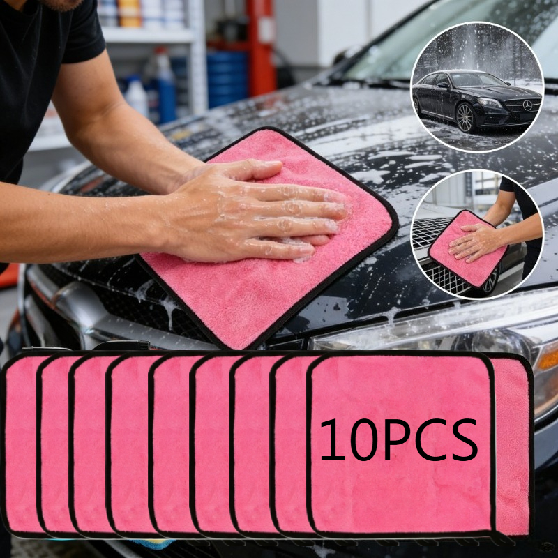 TEMU -pack Pink Thickened Absorbent Towels, Microfiber Car Wash Towels, Reusable And Cleaning Detailing Cloths For Dusting, Super Absorbent, For