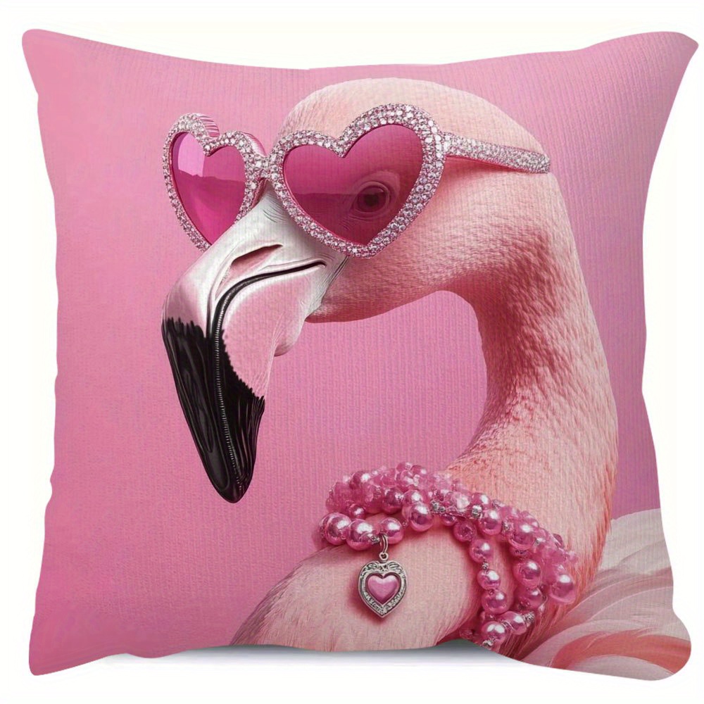 TEMU 1pc Pillowcase, Flamingo Pillowcase, 45cm*45cm, With Heart-shaped Fashionable Glasses And Beaded Accessories, Soft And Polyester Short Plush