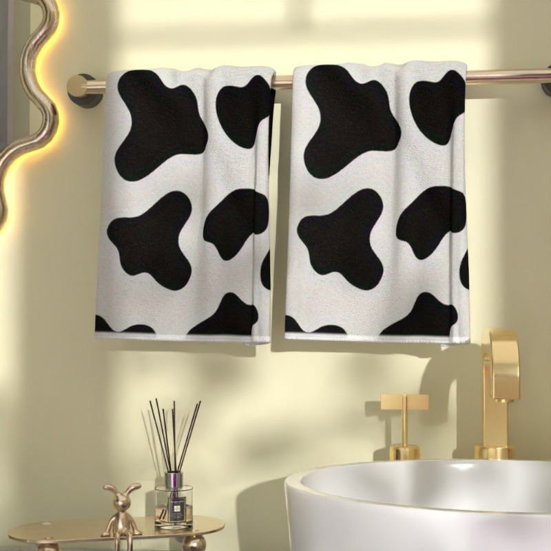 

[2pcs Cow Print Towel Set] 2pcss Super Soft Polyester Towel Set, Woven Cow Print Kitchen & Bathroom Towels, Contemporary Style, Machine Washable, Themed, Oblong Shape, With Farmhouse Decor For