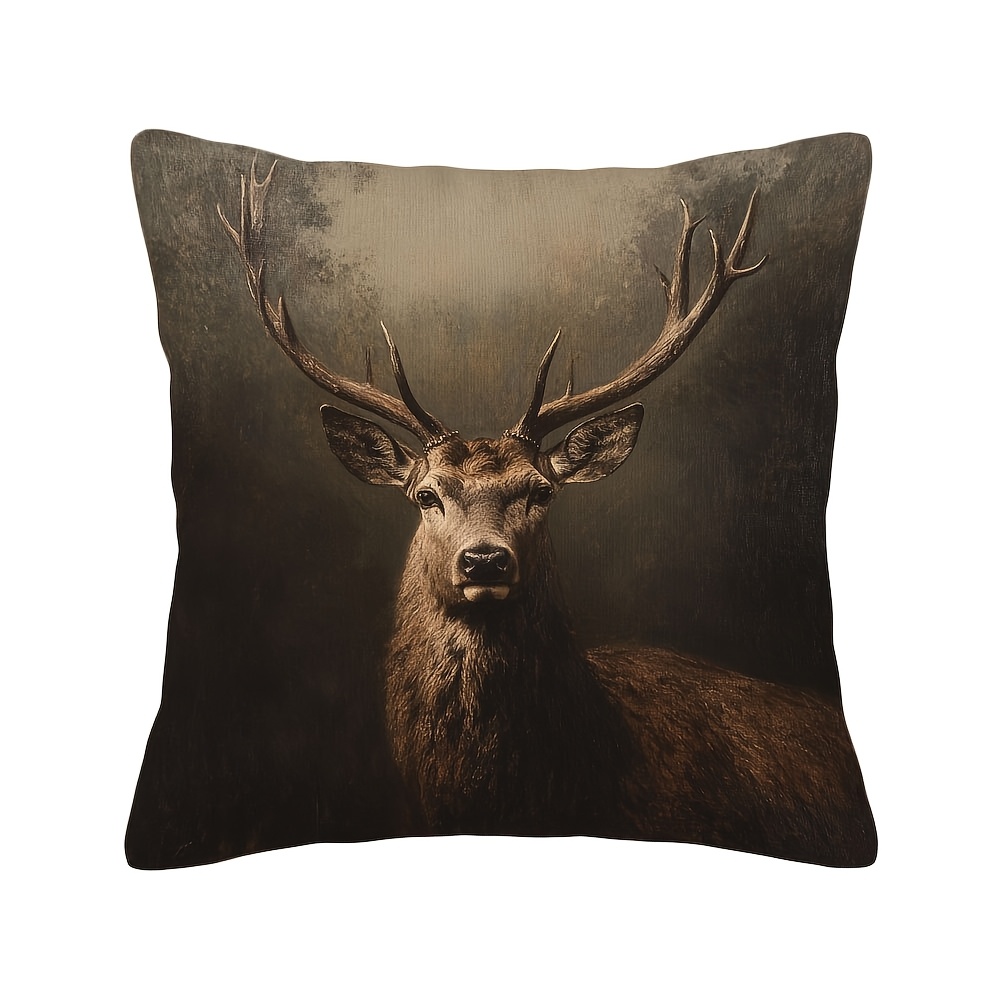 TEMU 1pc Of Modern Deer Throw Pillow Cover, Short Plush Printed Pillowcase, Deer Oil Painting Design, Single-sided Print, Made Of Polyester Fiber,