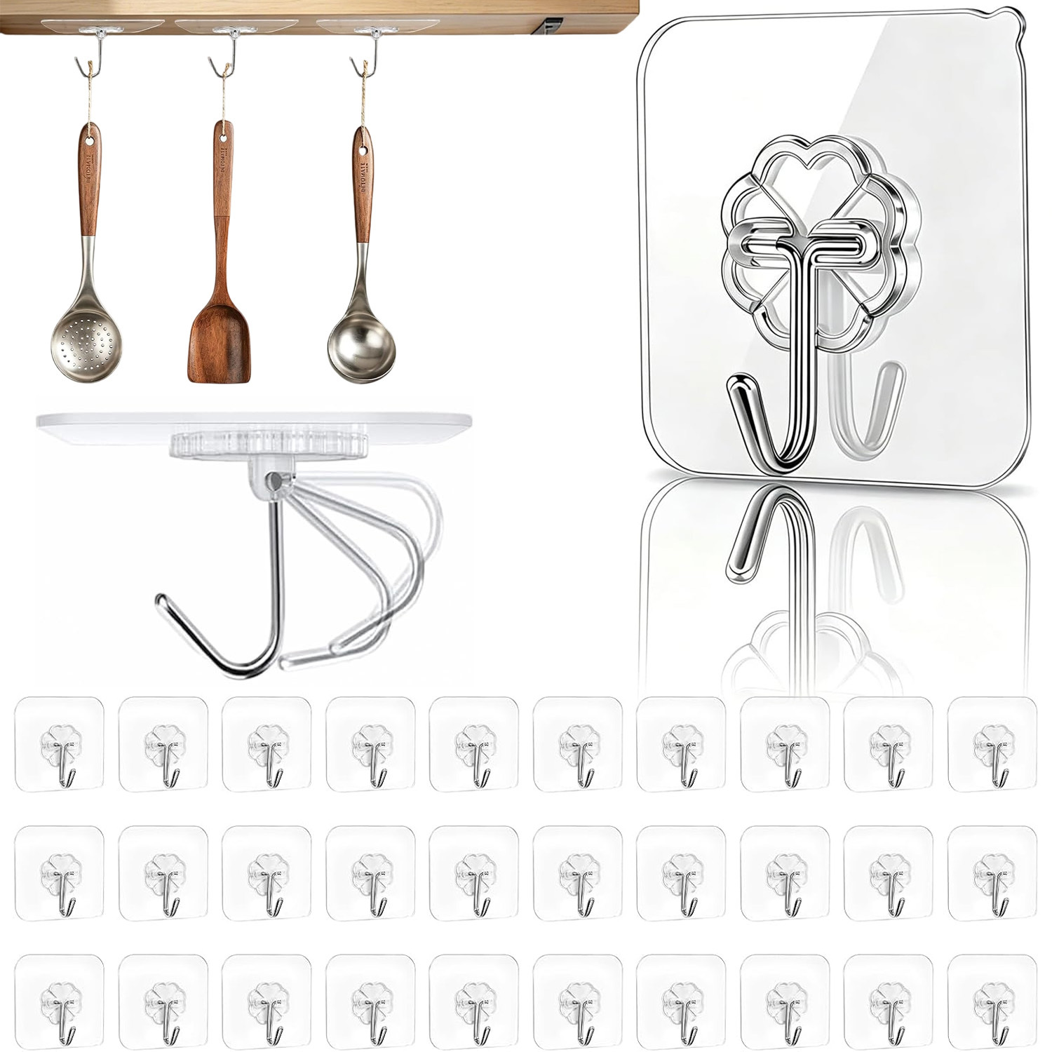 Image of Self Adhesive Wall Hooks 30pcs Transparent Rotatable Hooks For Household Hanging Organizing In Bathroom Kitchen And , Utility Hooks