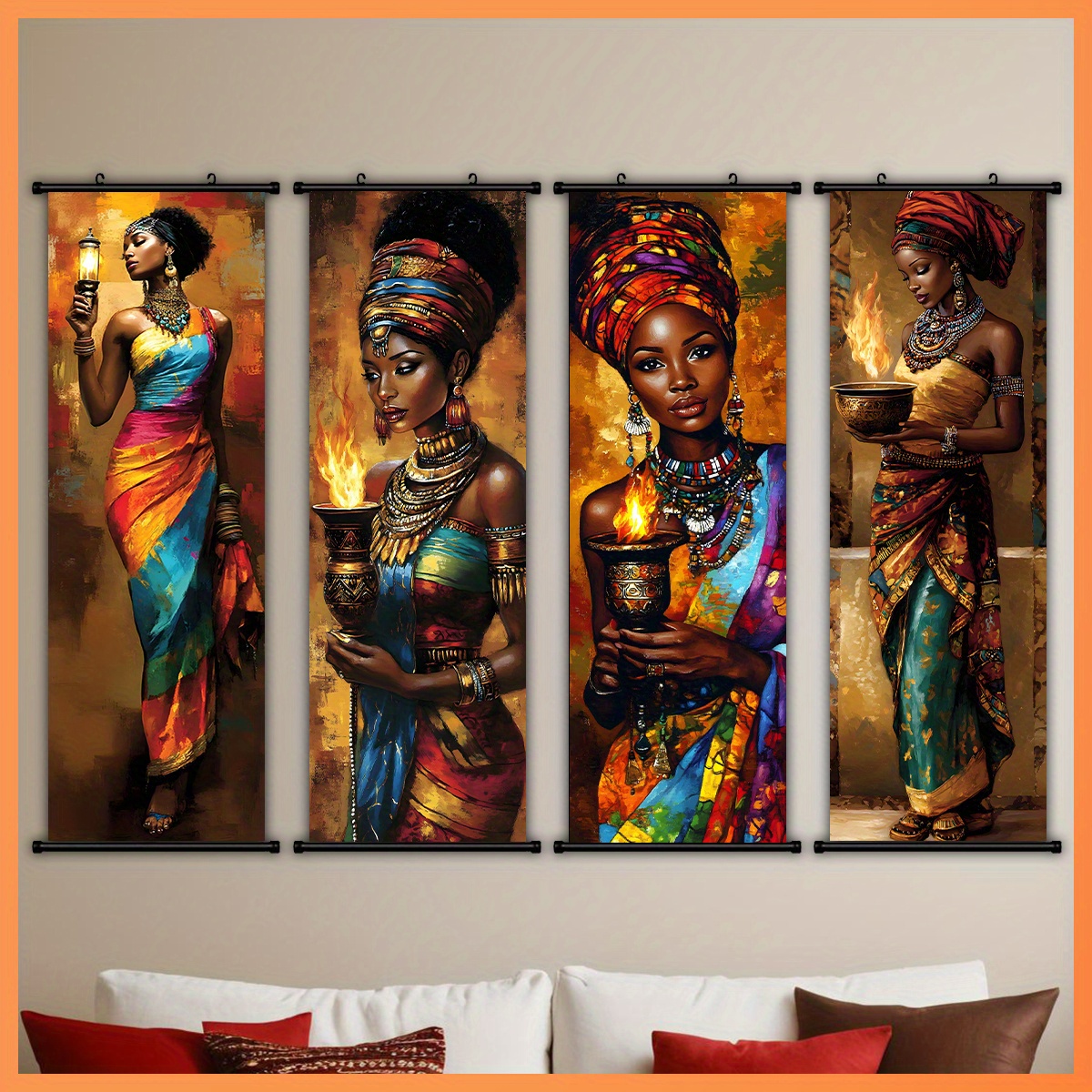 TEMU 2d Flat, 2d Flat, A Vibrant 2d/flat- 4pcs Set Of African Tribal-themed For Women, Featuring Plastic Frame Hooks For Easy Hanging, Perfect For