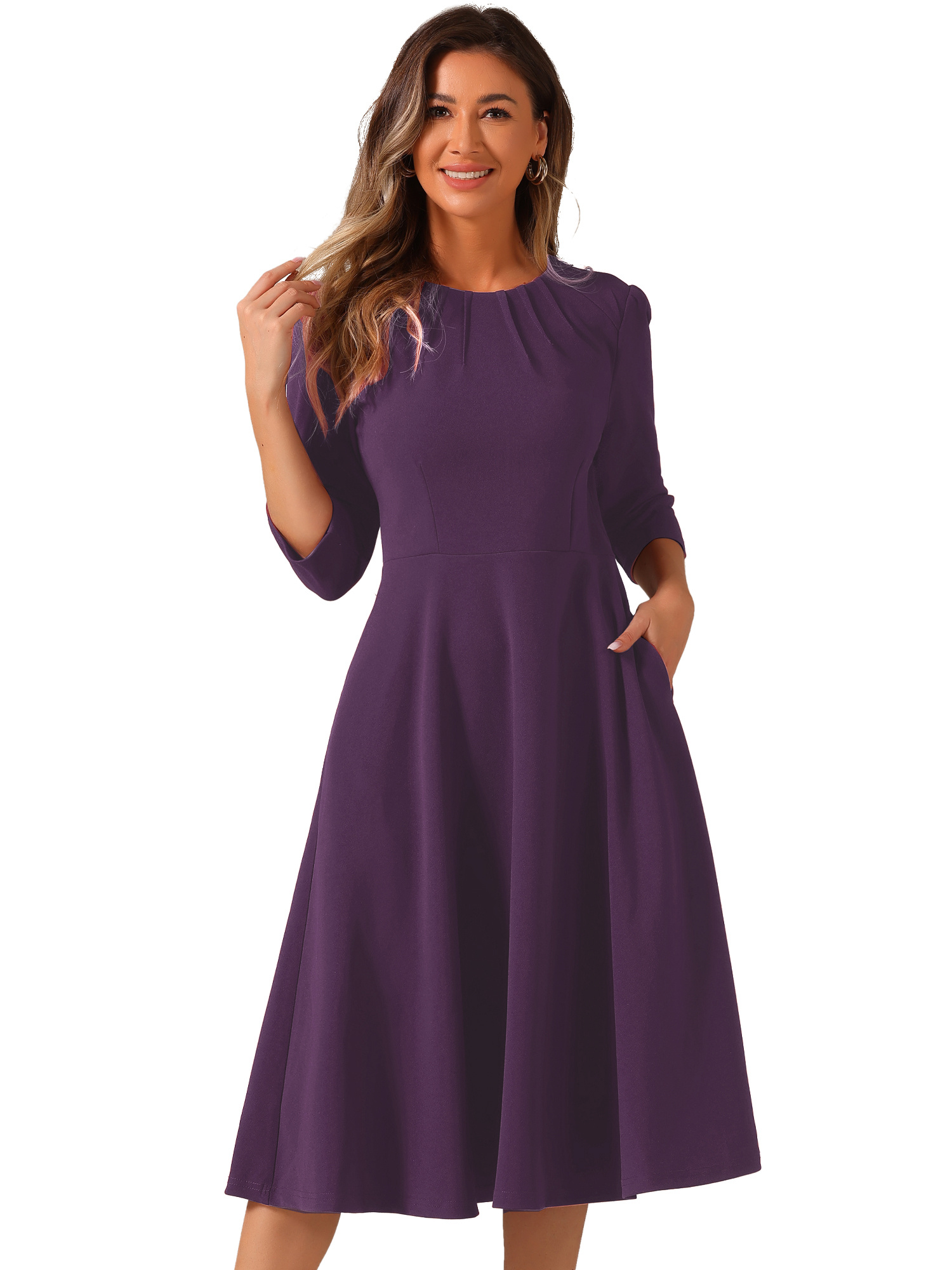 chinese dress ladies Elegant Purple Mesh Midi Work Dress with Long Sleeves – Noosgop main image 0