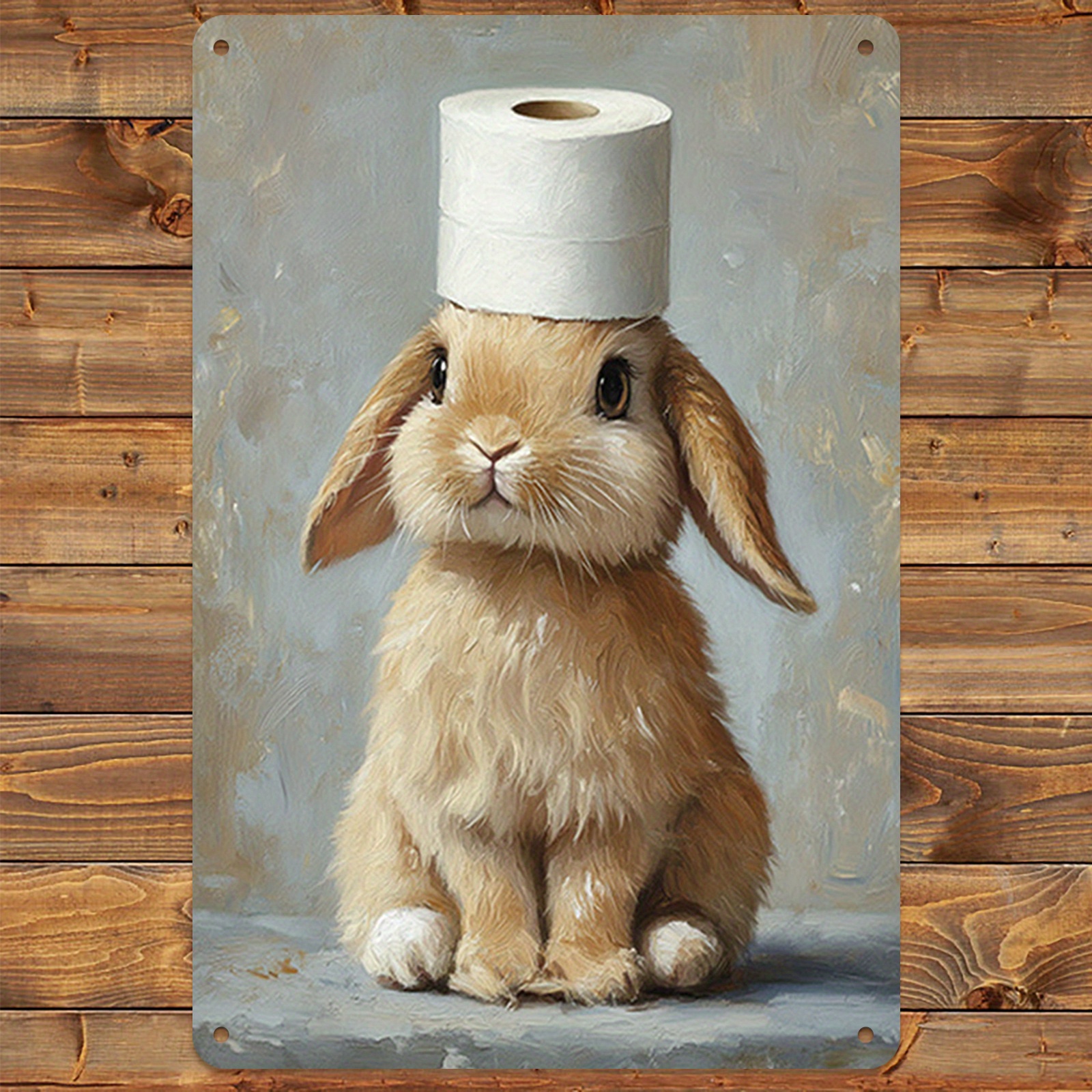 TEMU 2D Plat, Vintage Schattig Konijn met Toiletpapier Metalen Wandbord - Schattige Badkamerdecoratie, IJzeren Retro Kuiken Kunstposter Geschikt voor