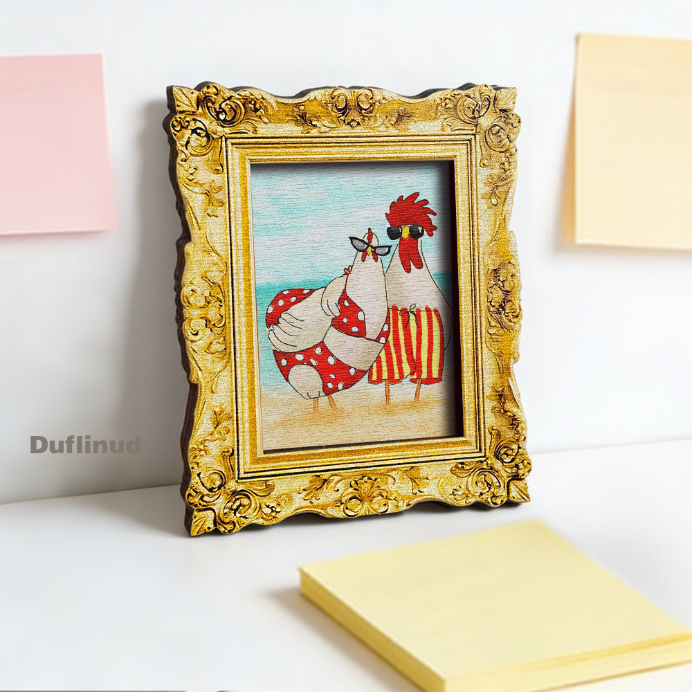 TEMU 1pc Wooden Cute Rooster And Hen Beach Outfit Refrigerator Magnet, Miniature Decorative Painting, Fun Seaside Vacation Theme, Wooden Fridge