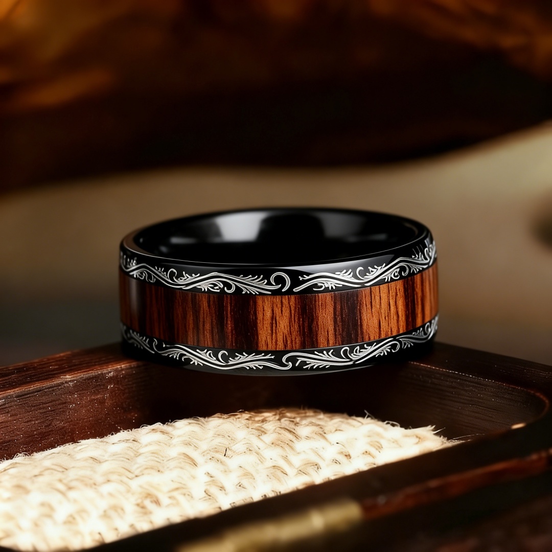 Men's Black Tungsten Carbide Ring with Real Wood Inlay