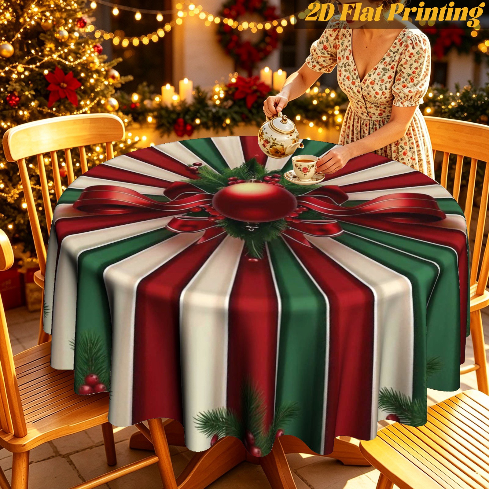 TEMU 1pc Festive Multi Stripe Xmas Motif Round Tablecloth | Household Table Ornament For Christmas | 2d Printed, Thanksgiving & Christmas Gifts