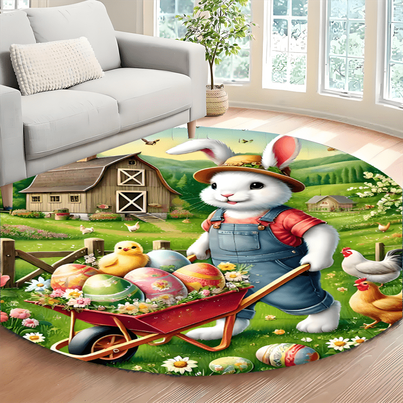 TEMU 1pc Bunny & Chicks Farm Scene Round Floor Mat - Colorful Spring Decor With Floral Eggs, Machine Washable Polyester Indoor/outdoor Mat For Home,