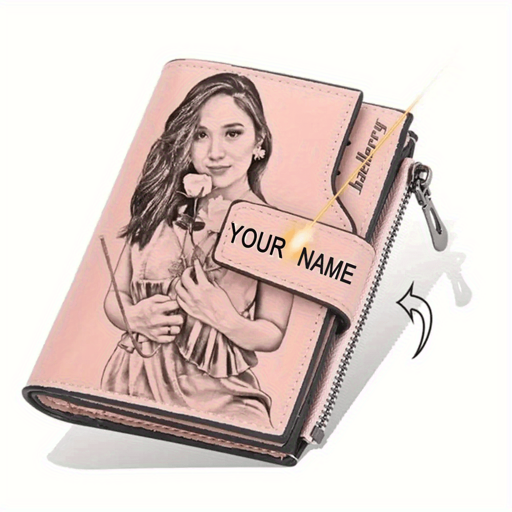 TEMU Personalized Photo Wallet For Women - Customizable Engraved Name And Color Photo, Sweet-style Pink Luxurious Synthetic With Button Closure,