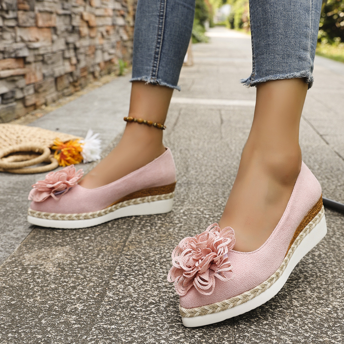 womens floral embellished pointed toe wedge heel slip shoes Temu