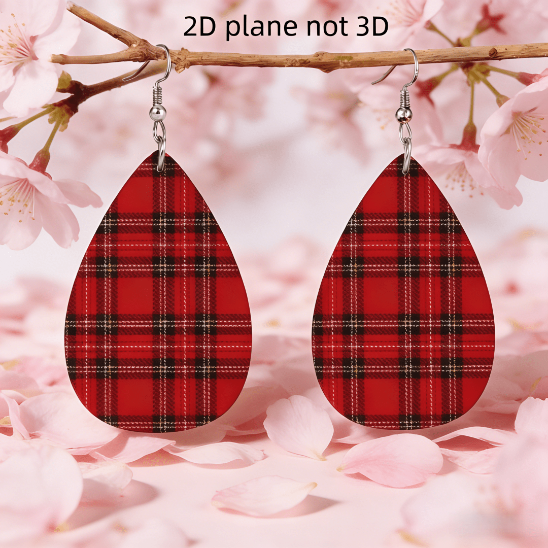 TEMU Boucles d'oreilles pendantes 2D plates - de à carreaux rouges pour femmes, boucles d'oreilles pendantes 2D plates à carreaux tartan, cadeau de