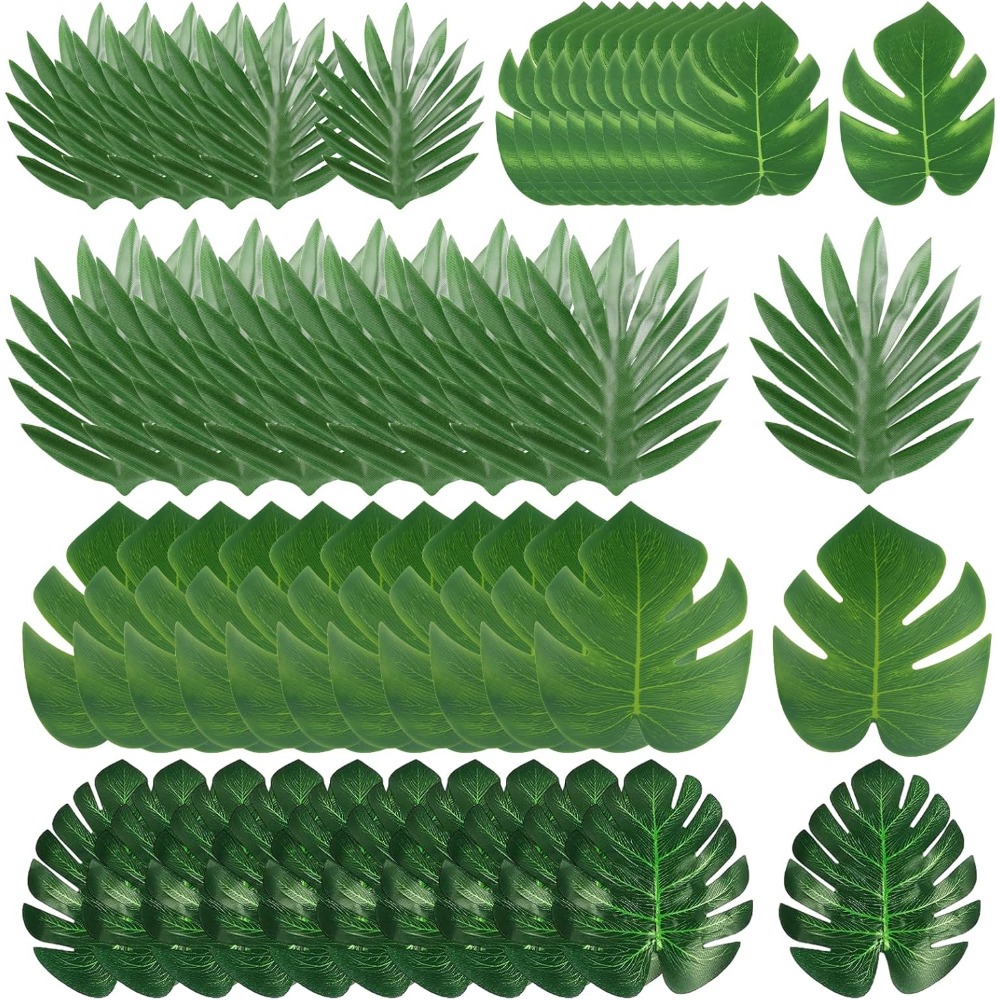 50-pack Artificial Palm Leaves, 5 Sizes Mixed, Tropical Party Decor, Jungle/beach Theme Arrangement