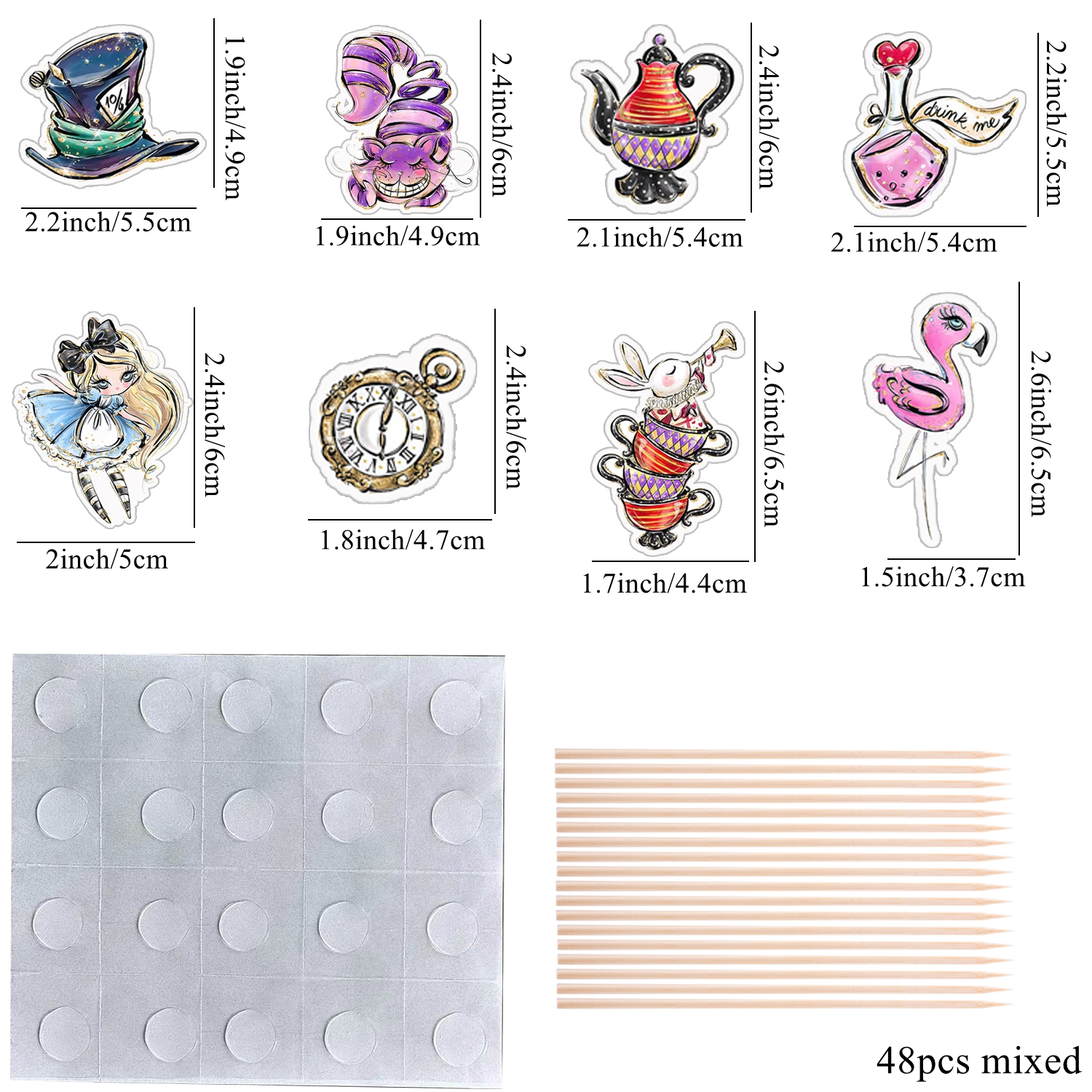 TEMU Lot de 48 pièces de fantaisie mélangés série Alice pour cupcakes, motif des merveilles imprimé avec tige en bambou, pour décoration de mariage,