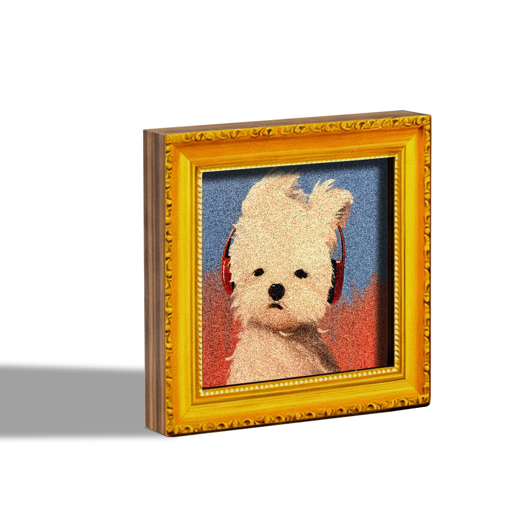 TEMU 1pc Cute White Puppy Fridge Magnet, Wooden Mini Decorative Painting, Artistic Puppy Wearing Red Headphones, Blue And Red Background, Wooden