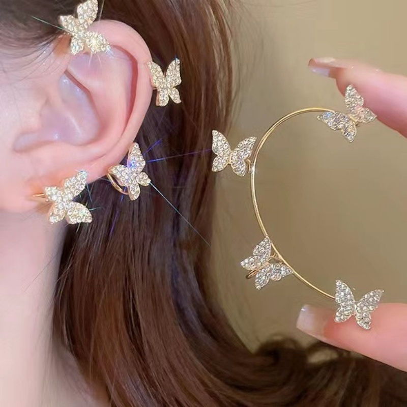 1/ 4pcs Women's creative ear hook, fashionable earrings, fluttering butterfly shape, low allergenic copper material inlaid with shiny synthetic Synthetic Zirconia design, ideal holiday gift for women