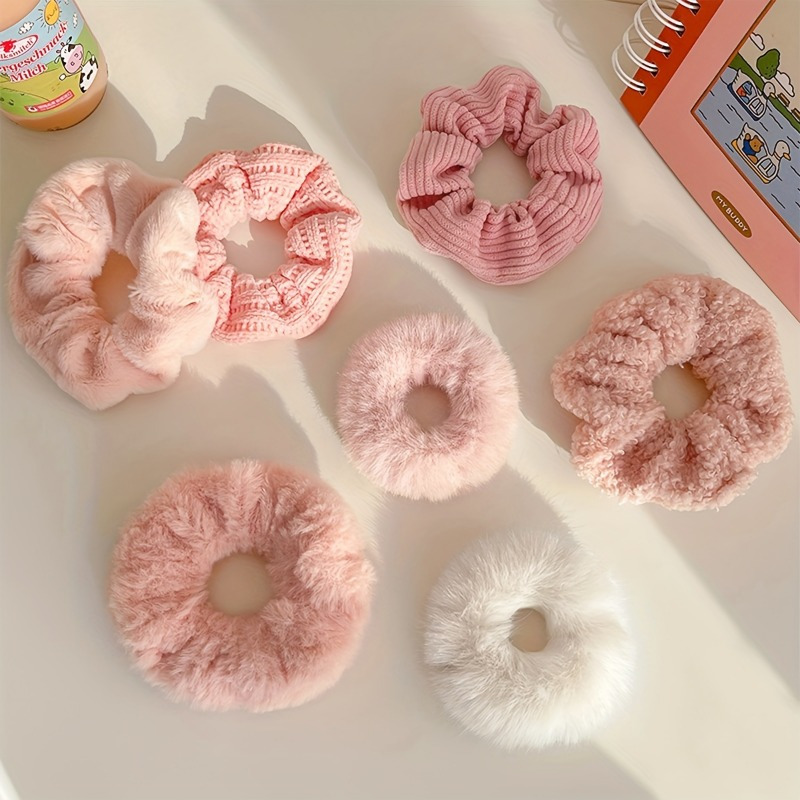 Image of 3 Elegant Pink Plush Hair Bands - Soft And Elastic Ponytail Hair Ties, Suitable For Ladies And, Cute Large-sized Hair Accessories