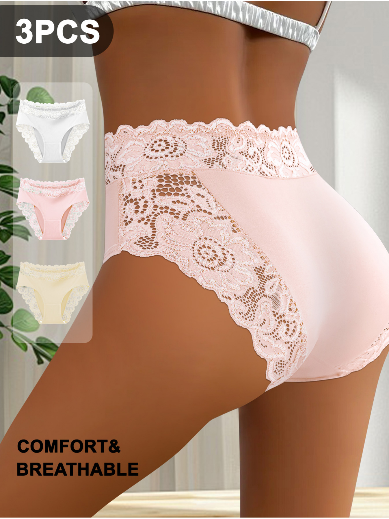 set of 3 womens solid lace   panties featuring a lace trimmed design that radiates   chic and   womens lingerie made from soft breathable material for   ideal for   casual   and  