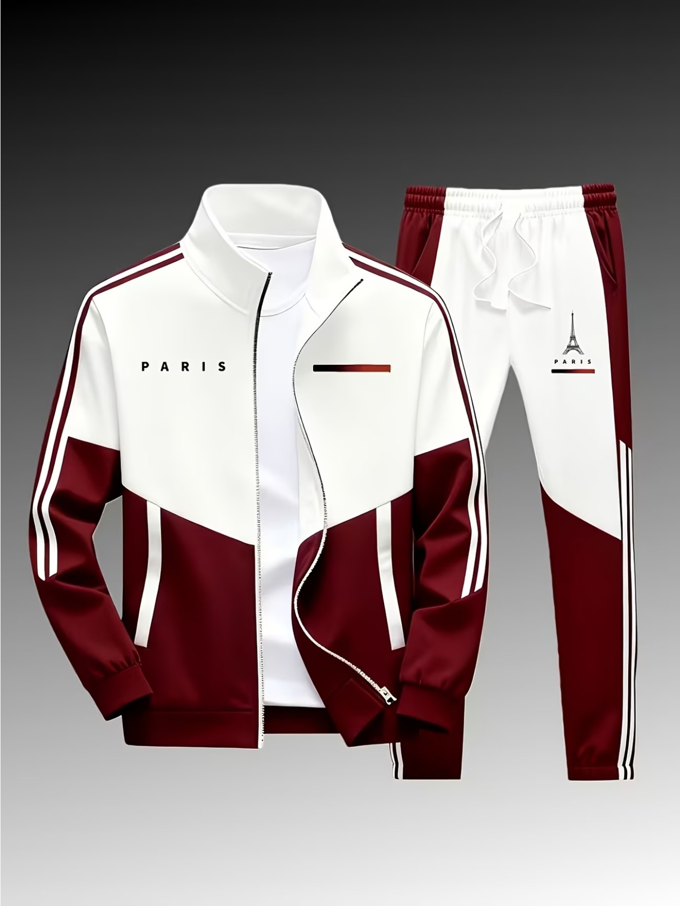 mens and womens paris logo tracksuit oversized casual sport jacket and joggers   gym and casual wear with orange contrast stitching unisex matching set geometric print design stand collar zip up jacket   birthday gifts