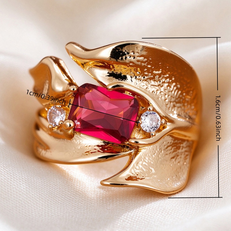 Retro Red Zirconia Wide Leaf Ring, Elegant Design