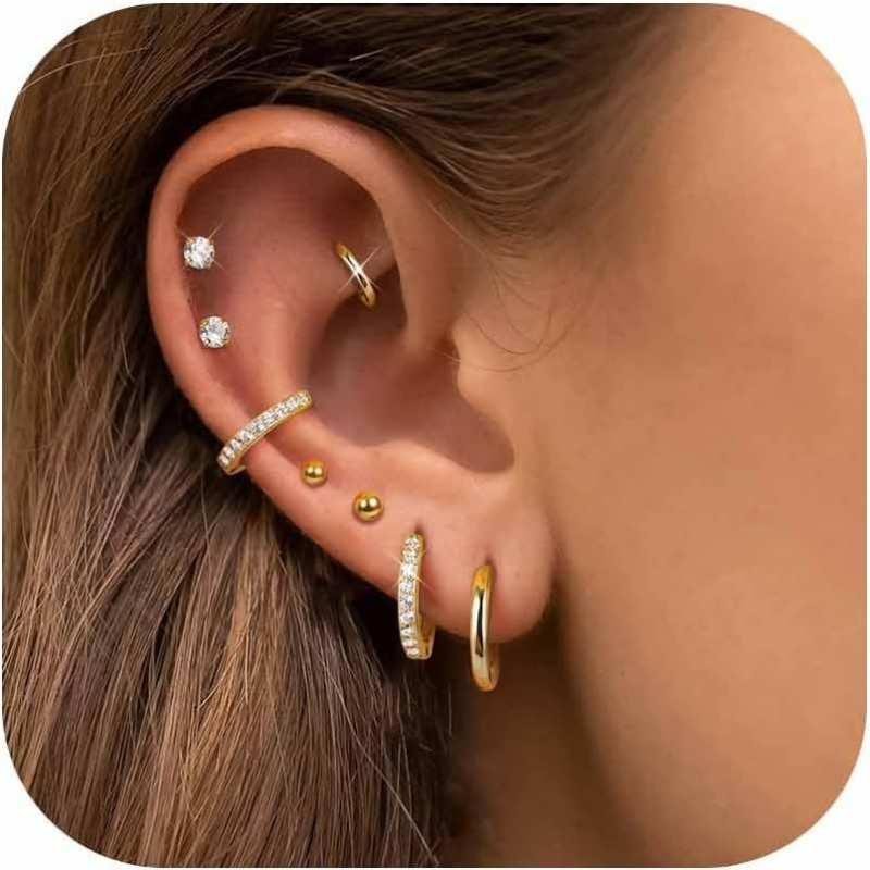 2d Flat, 8 Pairs Stainless Steel Earrings Sets For Multiple Piercing Small Huggie Hoop Earrings Flat Back Tiny Ball Stud Earring Cartilage Helix Earrings