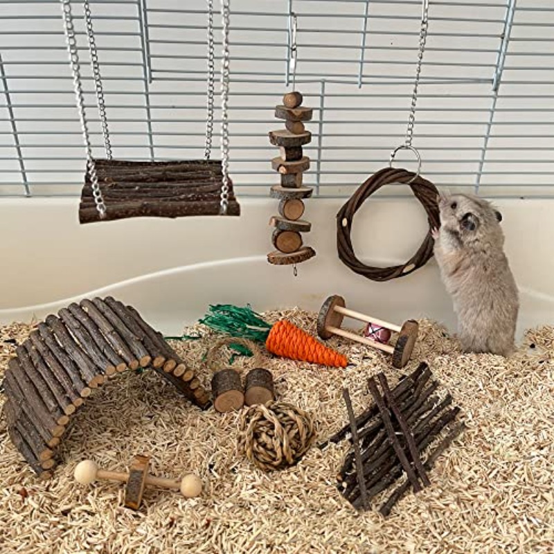 10pcs Rabbit Toys Guinea Pig Toys And Additions for Cage Food Hay Apple Sticks Treats And Chews Rattan Ball Swing Wheel Ramp Hideout Wood Bed Supplies Play Set